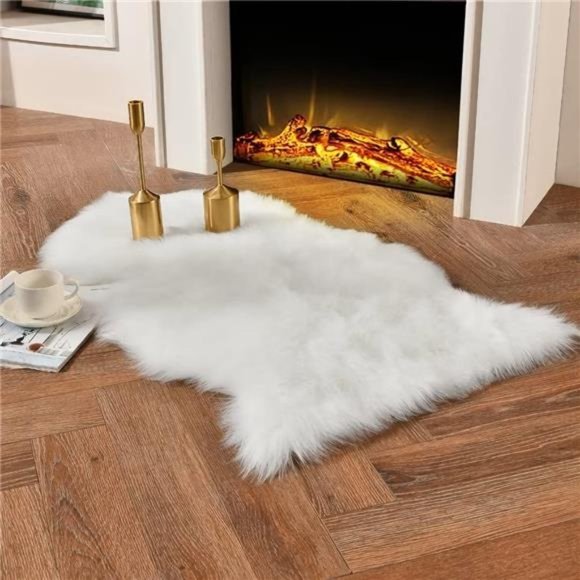 White FauxFur Chair Seat Covers,Fluffy ShagSheepskin Bedside Rugs Throw Washable - Picture 5 of 6